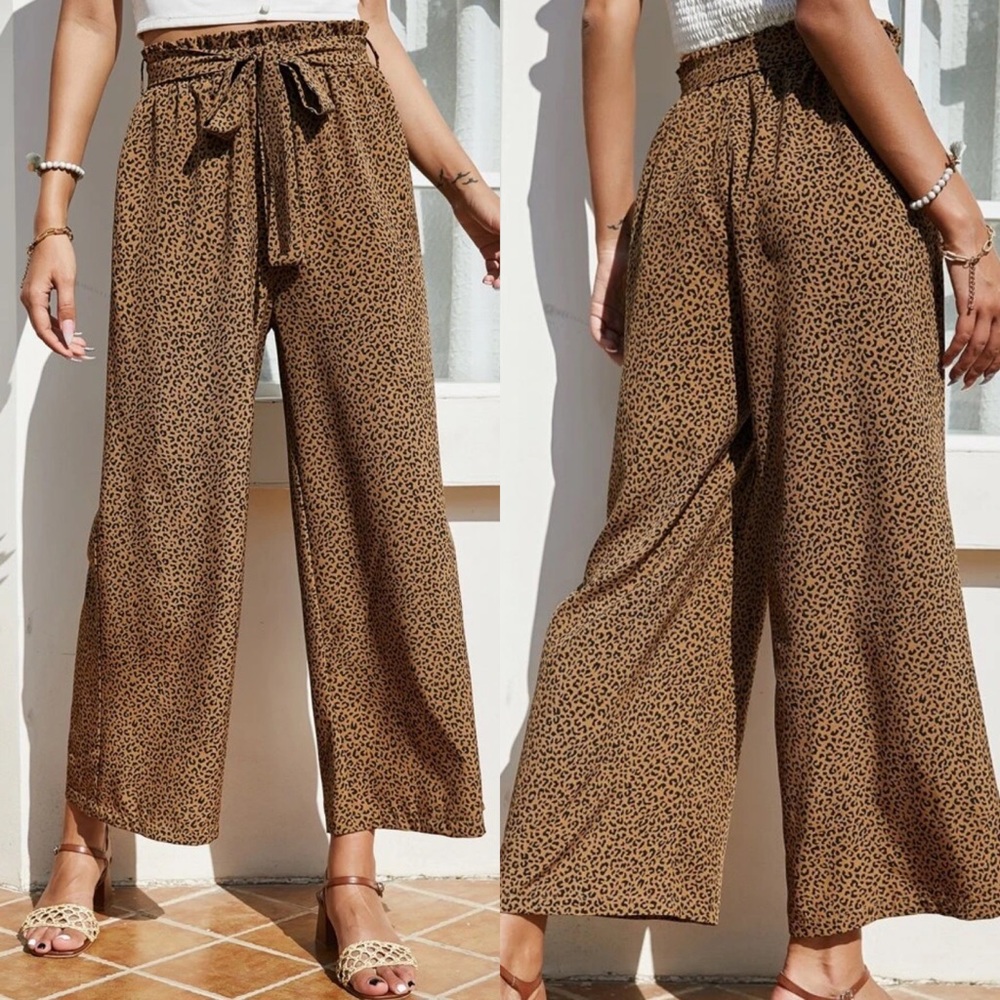 Boho gypsy leopard print wide leg pants belted tan - Picture 1 of 2